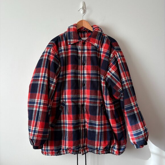 Aritzia Tna Coaches Jacket Oversized Down Filled Flannel Puffer Jacket Red Plaid - Picture 6 of 10